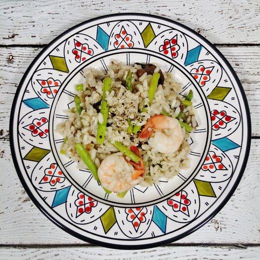 Asparagus, Mushroom and Prawn Risotto Recipe (using the new Corningware